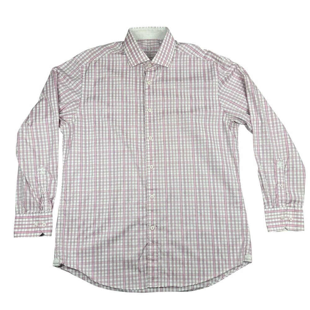 Bugatchi Uomo Shirt Men Large Pink Plaid Shaped Fit Button Up Cotton Long Sleeve
